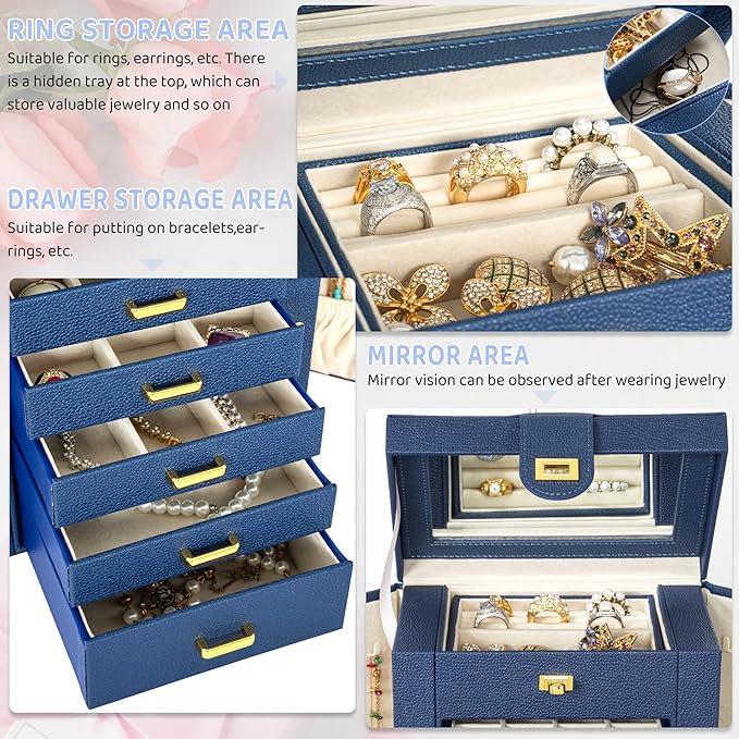 AKOZLIN 6-Tier Jewelry Box Organizer Functional 5 Drawers Leather Jewelry Storage Case for Women Girls Ring Necklace Earring Bracelet Holder Organizer with Mirror Blue Regular