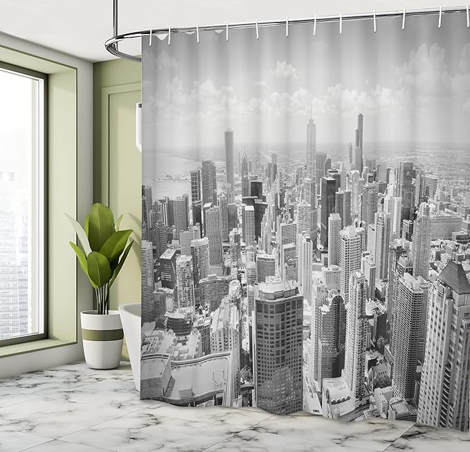 Ambesonne USA Shower Curtain, Chicago City Skyline Aerial View Contemporary Famous Touristic Places Picture Print, Cloth Fabric Bathroom Decor Set with Hooks, 69" W x 70" L, Black Grey