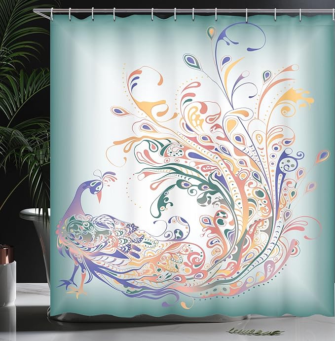 Ambesonne Abstract Shower Curtain, Peacock Bird Tail Feathers Plume Paisley Pattern Ornamental Design, Cloth Fabric Bathroom Decor Set with Hooks, 69" W x 70" L, Pale Petrol