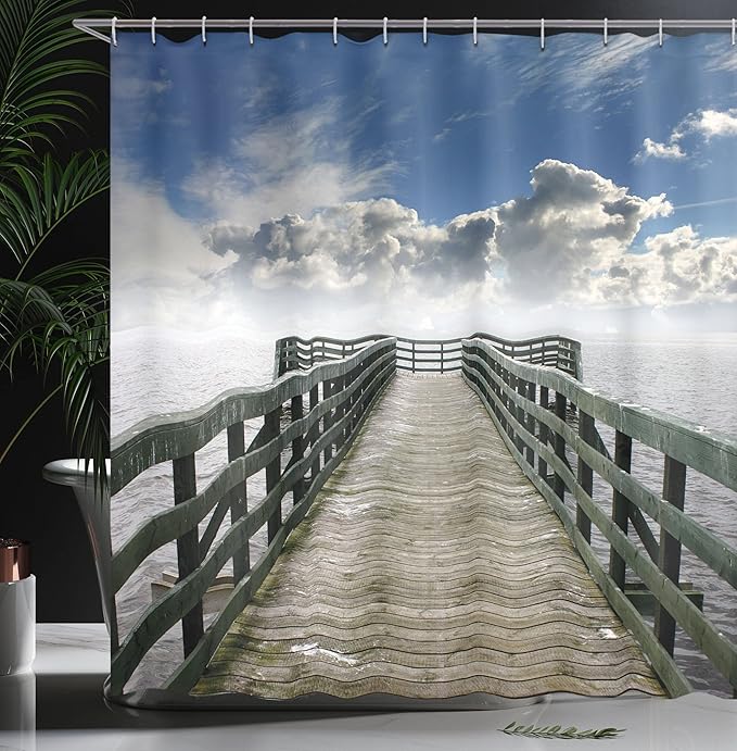 Ambesonne Seascape Shower Curtain, Seaside Banister Clouds Beige Foggy Morning and Ocean Seascape View Image, Cloth Fabric Bathroom Decor Set with Hooks, 69" W x 75" L, Gray White