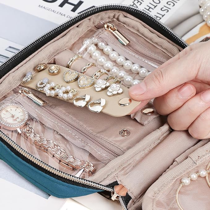 NISHEL Travel Jewelry Case Organizer, Tangle-Free Necklace Storage Bag | Stores rings, earrings, bracelets and watches in a compact case for travel and daily use, Lake-Blue, Small