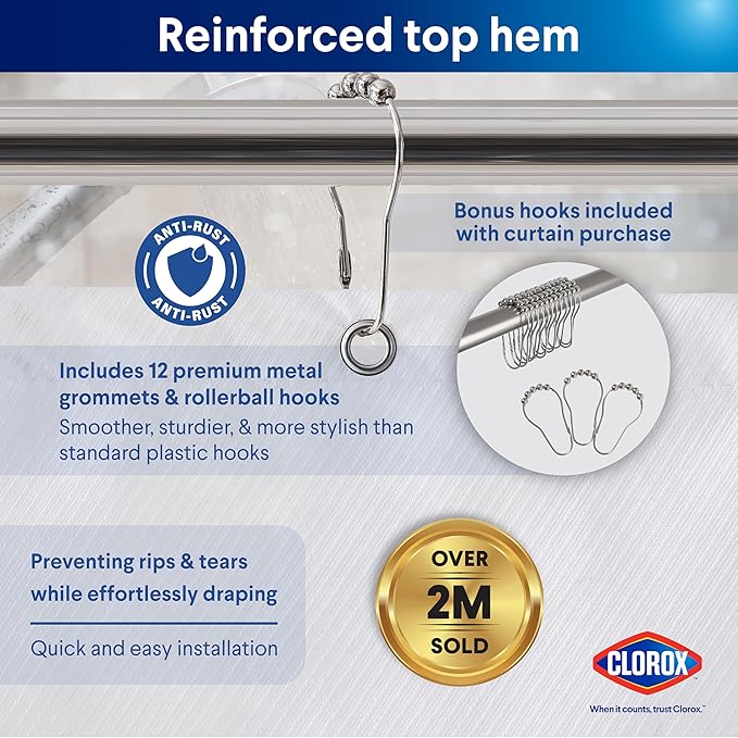 Clorox 2-in-1 Bathroom Shower Curtain Liner w Metal Hooks, Durable Fabric, Weighted Magnets for Bath Water Control, Washable Premium Quality, Modern - 72" x 72" White