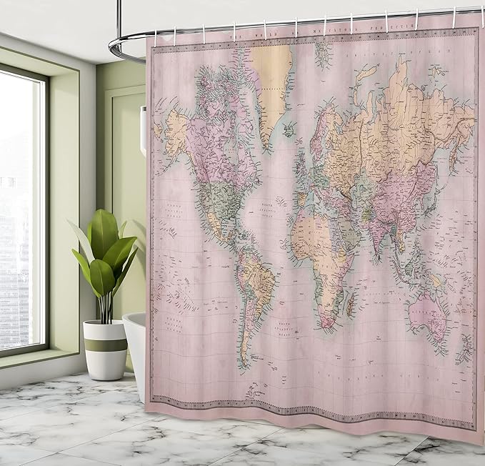 Ambesonne World Map Shower Curtain, Nostalgic Old Hand Colored Look Atlas of The Earth Anthique Chart for Old Emperors Artwork, Cloth Fabric Bathroom Decor Set with Hooks, 69" W x 75" L, Pale Yellow