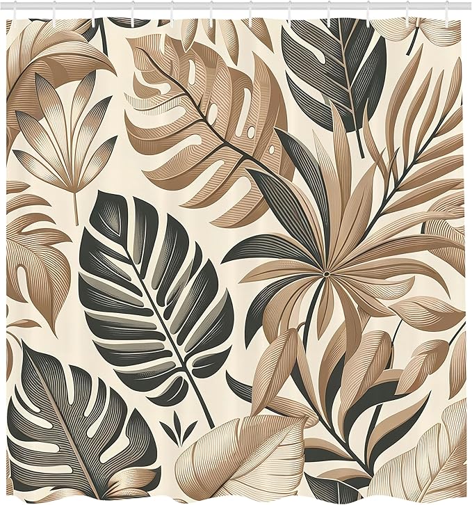 Ambesonne Tan Shower Curtain, Nostalgic Earthy Colors Boho Exotics Concept Monstera Leaves Urban Jungle, Cloth Fabric Bathroom Decor Set with Hooks, 69" W x 75" L, Dark Sea Green Eggshell