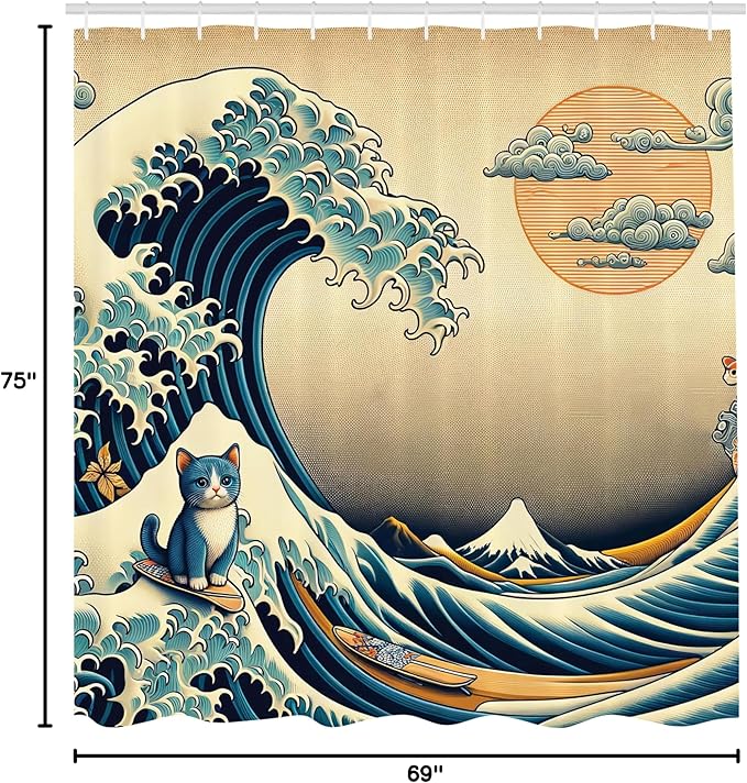 Ambesonne Funny Shower Curtain, Classic Japanese Waves Illustration Featuring Surfing Happy Cat Boho Asian, Cloth Fabric Bathroom Decor Set with Hooks, 69" W x 75" L, Sand Brown Sea Blue