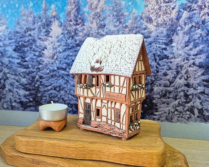 Ceramic Houses and Villages Collection - Handmade House Miniature of Historic Winery in Bernkastel-Kues, Germany - Candle, Cone Incense Holder R255, Winter Edition