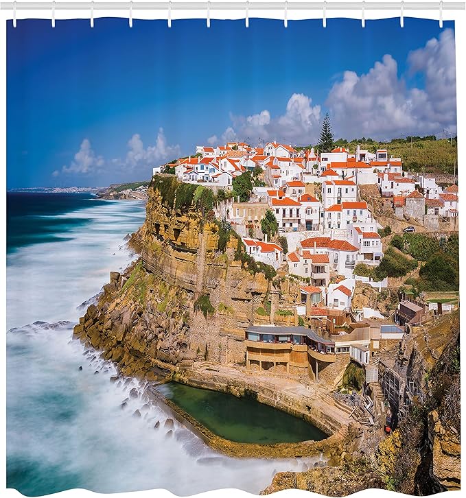 Ambesonne European Shower Curtain, Portugal Seaside on The Cliffs with Sky View Mediterranean Ocean Village Europe, Cloth Fabric Bathroom Decor Set with Hooks, 69" W x 70" L, Beige Blue