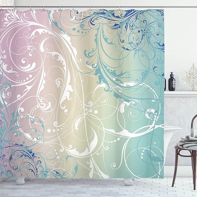Ambesonne Floral Shower Curtain, Baroque Swirl Branches Curved Flower Leaves Shabby Form Nature Pattern, Cloth Fabric Bathroom Decor Set with Hooks, 69" W x 84" L, Seafoam White