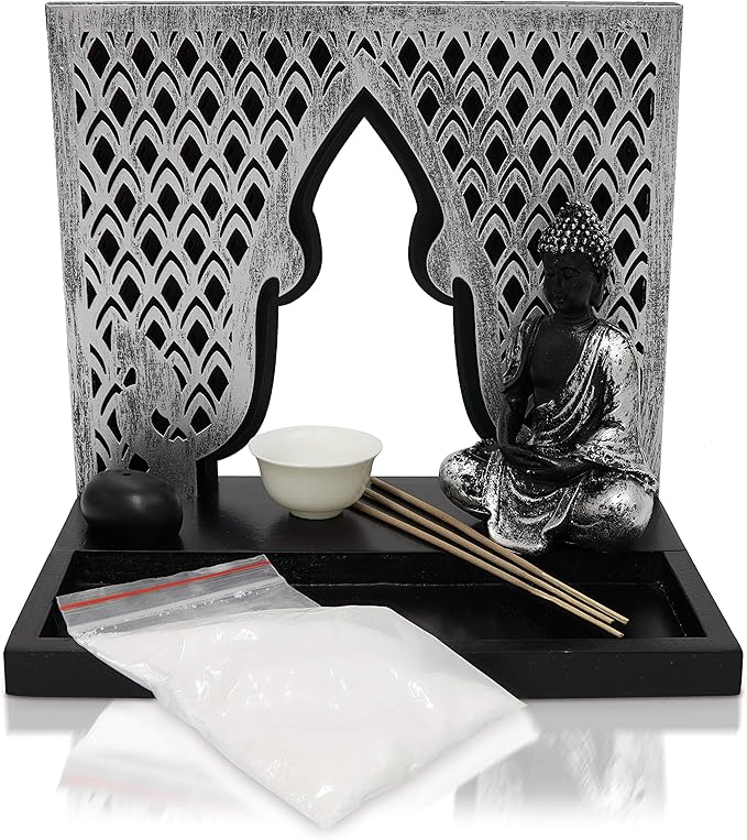 Zen Garden Candle Holder Home Decor - Buddha Incense Stick Holder Office Desk Accessories - Zen Garden Sand Office Decor - Buddha Statue Table Top - 12" x 12"
