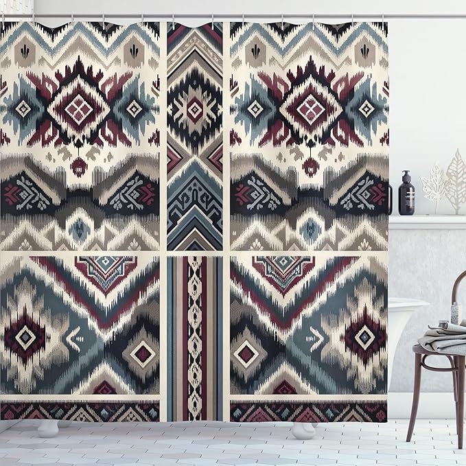 Ambesonne Ethnic Shower Curtain, Folk Geometric Zigzag and Abstract Shapes with Southwestern Inspirations, Cloth Fabric Bathroom Decor Set with Hooks, 69" W x 70" L, Blue Grey Plum Dimgray