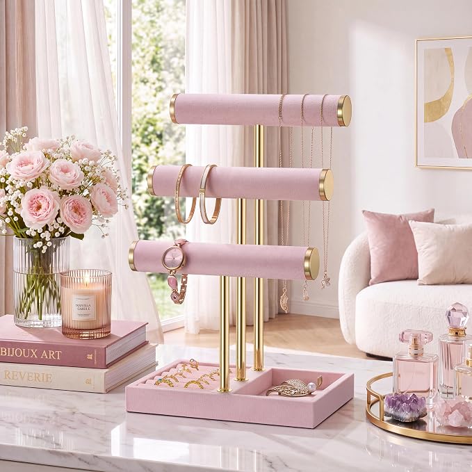 Jewelry Organizer Stand Display, 3 Tier Velvet Bracelet Holder, Pink | Jewelry Organizers and Storage | Jewelry Tree | Jewelry Towers for Necklaces, Bracelets, Earrings, Rings