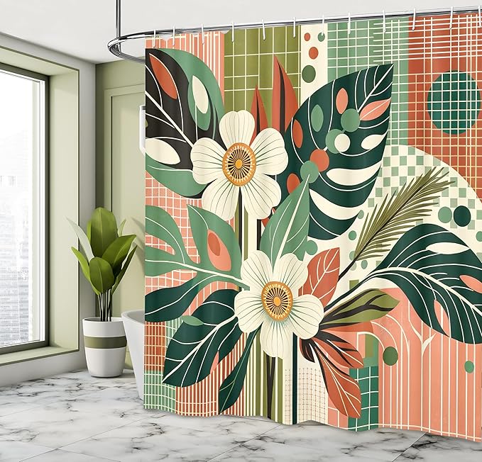Ambesonne Mid Century Modern Shower Curtain, Abstract Monstera and Flowers with Symmetric Lines Back, Cloth Fabric Bathroom Decor Set with Hooks, 69" W x 75" L, Coral Jade Green Coconut