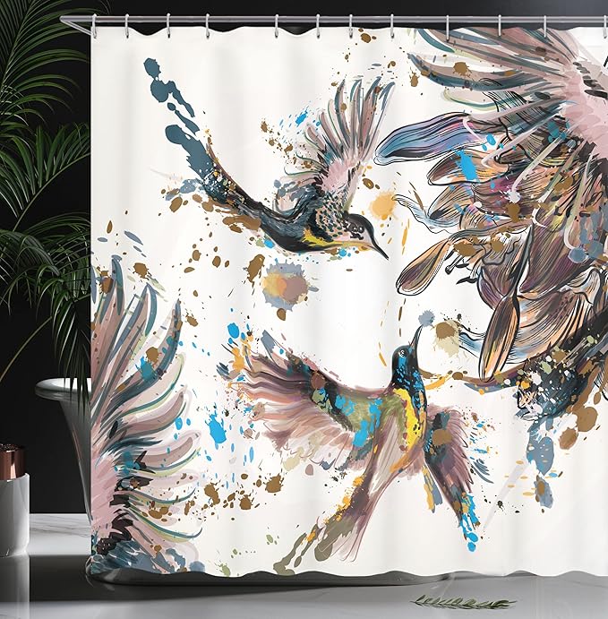 Ambesonne Hummingbird Shower Curtain, Art Lily Flowers Birds and Color Splashes in Watercolor Painting Style, Cloth Fabric Bathroom Decor Set with Hooks, 69" W x 70" L, Blush Teal