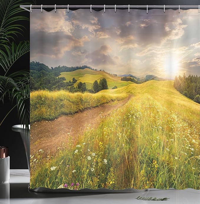 Ambesonne Nature Shower Curtain, Sunset on The Meadow Rural Country Flower Field and Trees Idyllic Scene, Cloth Fabric Bathroom Decor Set with Hooks, 69" W x 70" L, Lime Green Pale Brown