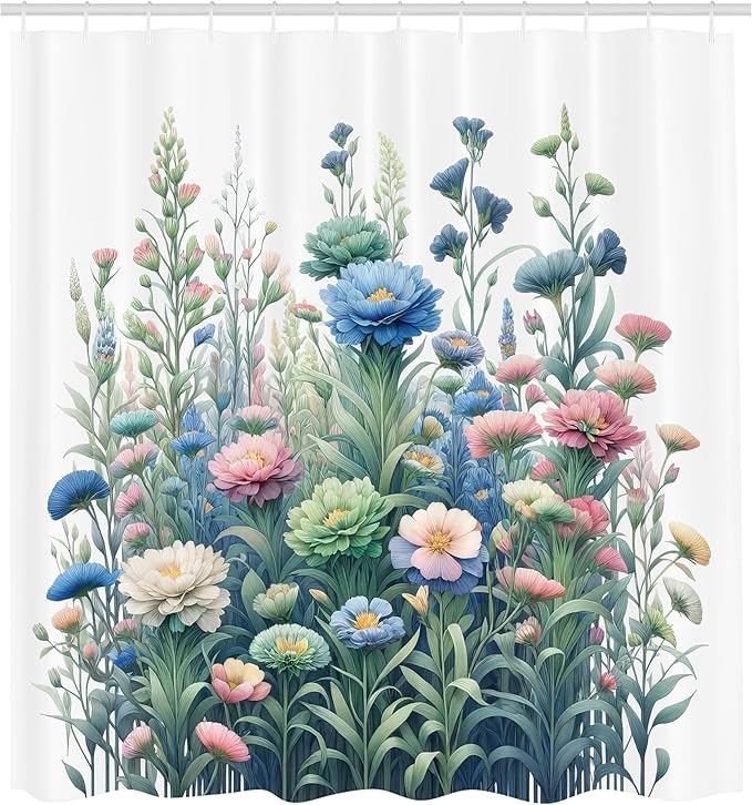 Ambesonne Floral Shower Curtain, Fading Tones of Colorful Wild Flowers in a Spring Morning on Plain Back, Cloth Fabric Bathroom Decor Set with Hooks, 69" W x 70" L, Blue Green and Pink