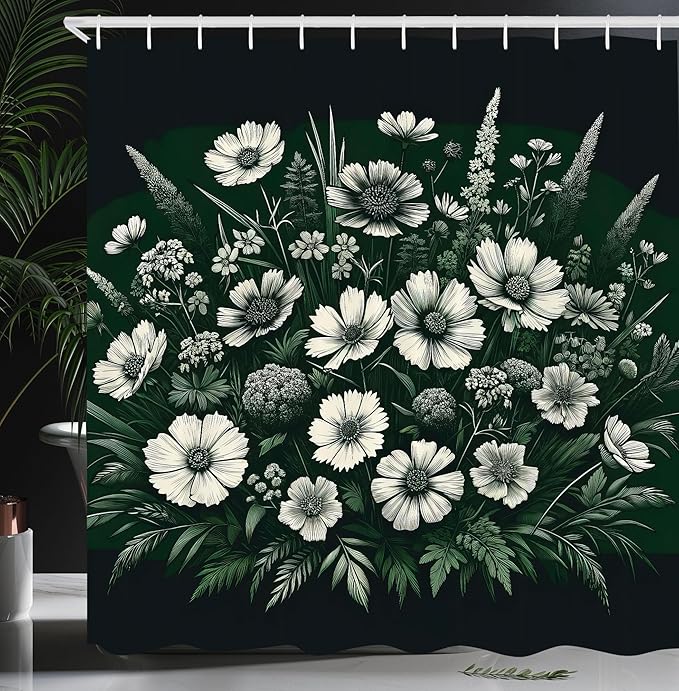 Ambesonne Dark Green Shower Curtain, Delicate Arrangement of Daisies and Pansies on Dark Background Print, Cloth Fabric Bathroom Decor Set with Hooks, 69" W x 75" L, Emerald Off White Grey