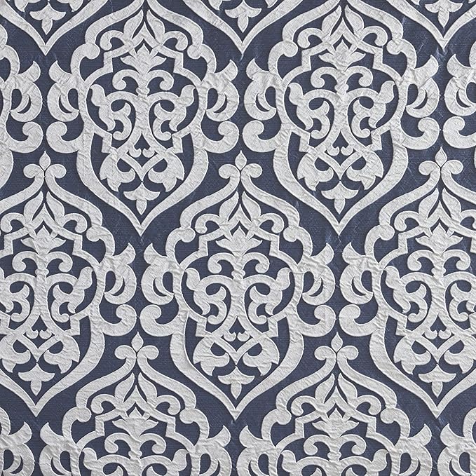 Madison Park Odette Fabric Shower Curtain Luxe Textured Jacquard, Damask Medallion Machine Washable Modern Home Bathroom Decor, Bathtub Privacy Screen, 72" x 72", Navy/Silver