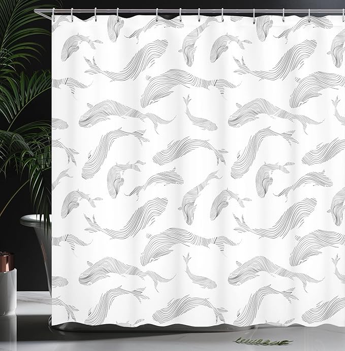 Ambesonne Fish Shower Curtain, Minimalist Fish Pattern with Stripes Tropical Fauna Tail Hand Drawn Nautical Theme, Cloth Fabric Bathroom Decor Set with Hooks, 69" W x 75" L, White Grey