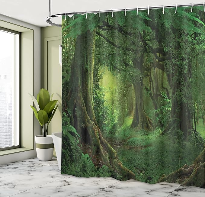 Ambesonne Forest Shower Curtain, Enchanted Woodland Foliage in Deep Tropical Jungle at Southeast Landscape Print, Cloth Fabric Bathroom Decor Set with Hooks, 69" W x 75" L, Green