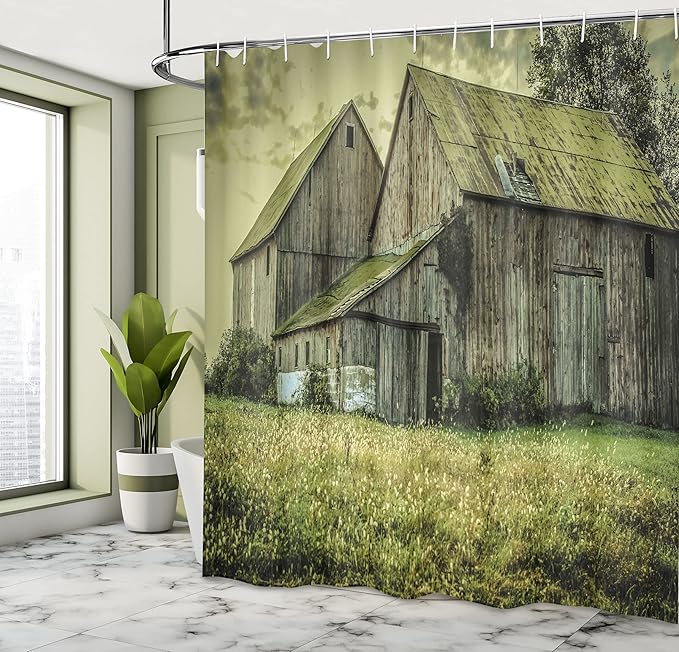 Ambesonne Country Shower Curtain, Farmer Field Barn Warehouse Midwest American Style Antique Art Print, Cloth Fabric Bathroom Decor Set with Hooks, 69" W x 70" L, Multicolor Reseda Green