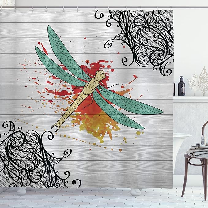 Ambesonne Dragonfly Shower Curtain, Insect in Warm Tones on a Greyscale Backdrop with Victorian Style Elements, Cloth Fabric Bathroom Decor Set with Hooks, 69" W x 70" L, Orange Grey