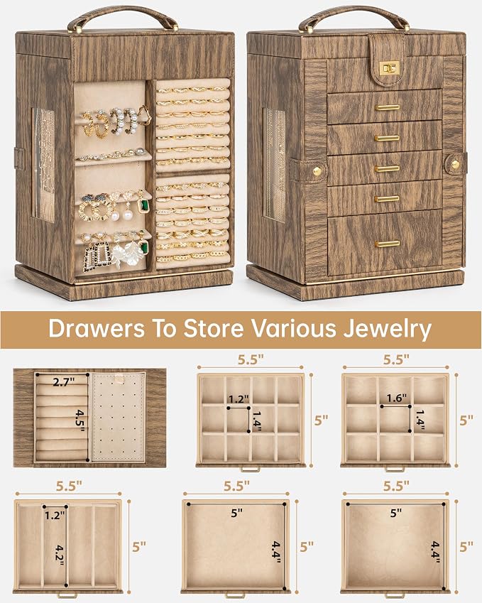 AKOZLIN 6-Tier Jewelry Box Organizer Functional 5 Drawers Leather Jewelry Storage Case for Women Girls Ring Necklace Earring Bracelet Holder Organizer with Mirror Wood Grain 360° Rotating