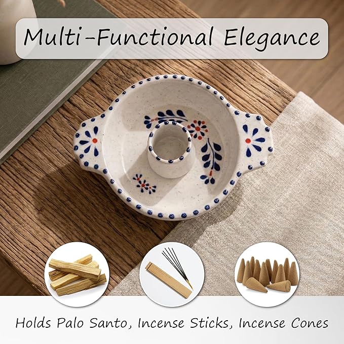 Hand-Painted Palo Santo Holder and Incense Burner, 6.5" Inch Elegant Artisanal Ceramic Palo Santo Burner and Incense Holder for Meditation, Yoga, and Energy Cleansing Rituals