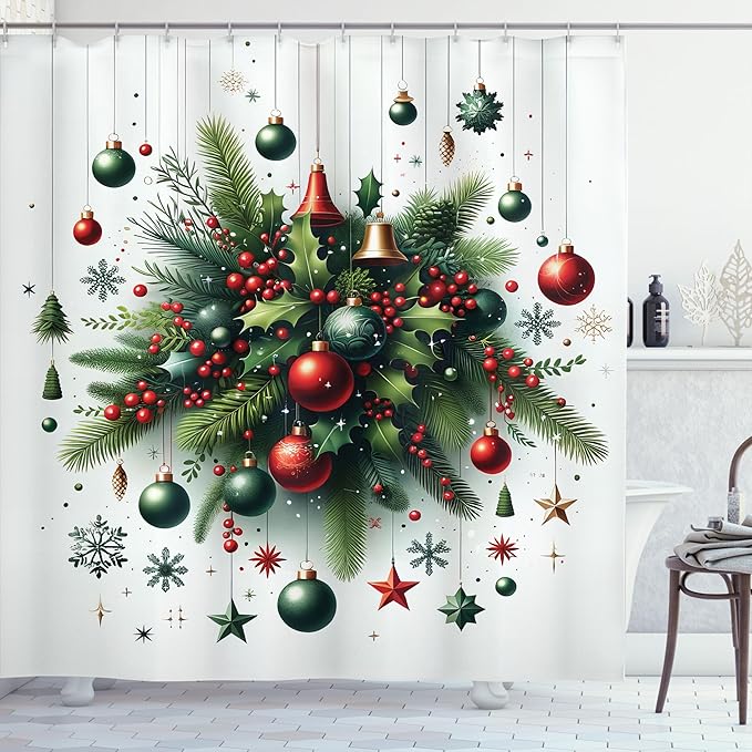 Ambesonne Christmas Shower Curtain, Holiday Season Botanical Themed Pine Branches Snowflakes Stars Balls, Cloth Fabric Bathroom Decor Set with Hooks, 69" W x 75" L, Hunter Green Vermilion