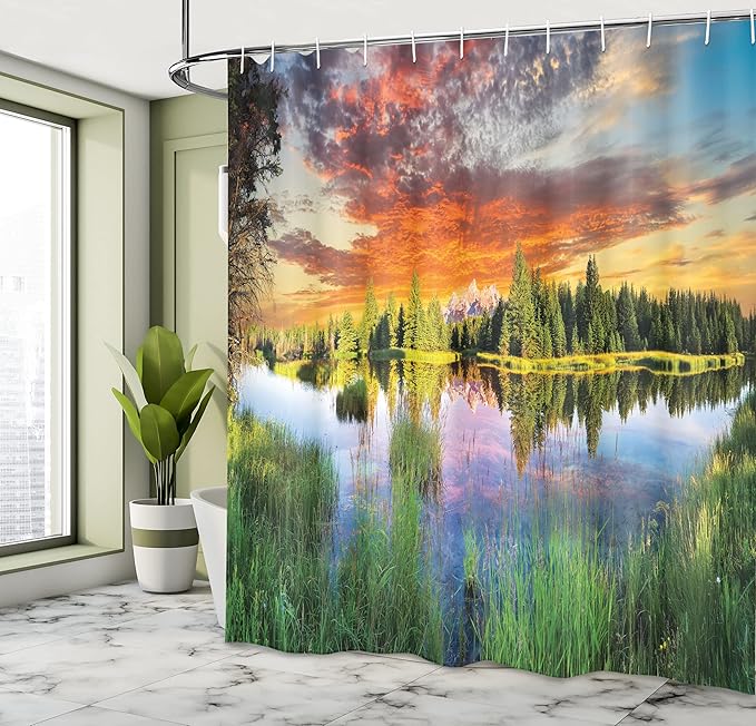 Ambesonne Landscape Shower Curtain, Calm Natural Sunrise by River Forest Trees Clouds Weeds Sun Reflection on Water, Cloth Fabric Bathroom Decor Set with Hooks, 69" W x 84" L, Green Orange