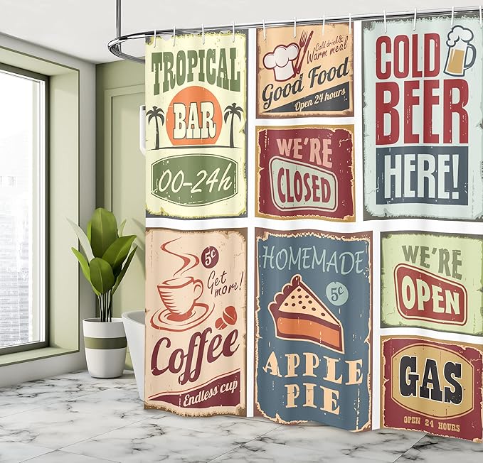 Ambesonne 1950s Shower Curtain, Vintage Style Signs Advertising Beverage Coffee Drink Aged Glass Tropical Nostalgia, Cloth Fabric Bathroom Decor Set with Hooks, 69" W x 75" L, Burgundy Ivory