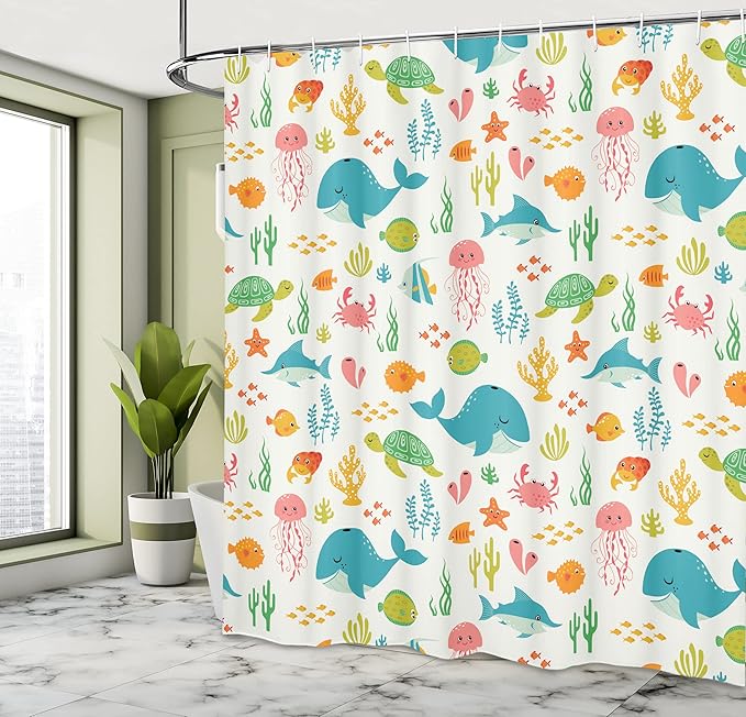 Ambesonne Cartoon Shower Curtain, Colorful Underwater Animals Aquatic Marine Life Aquarium Pattern of Crabs Seastars and Fishes, Cloth Fabric Bathroom Decor Set with Hooks, 69" W x 75" L, Pink Green