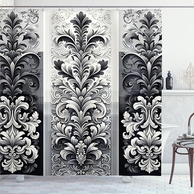 Ambesonne Damask Shower Curtain, Tranquil Florid Pattern Monochrome Arcane Leafy Swirls Palatial Design Print, Cloth Fabric Bathroom Decor Set with Hooks, 69" W x 75" L, Charcoal Grey