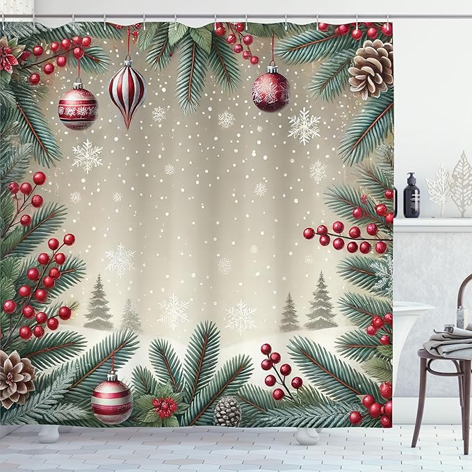 Ambesonne Christmas Shower Curtain, Happy Winter Pine Tree Leaves and Xmas Balls with Falling Snowflakes, Cloth Fabric Bathroom Decor Set with Hooks, 69" W x 84" L, Ruby Khaki Cadet Blue