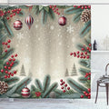 Ambesonne Christmas Shower Curtain, Happy Winter Pine Tree Leaves and Xmas Balls with Falling Snowflakes, Cloth Fabric Bathroom Decor Set with Hooks, 69" W x 70" L, Ruby Khaki Cadet Blue