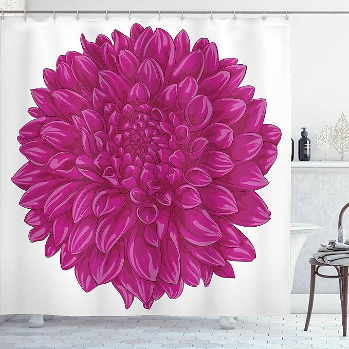 Ambesonne Dahlia Flower Shower Curtain, Big Large Flat Sparse Florets with Outward Pompons Vintage Style in Fuchsia Color, Cloth Fabric Bathroom Decor Set with Hooks, 69" W x 84" L, Pink
