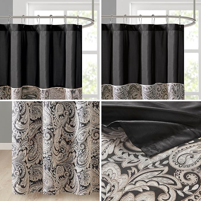 Madison Park - MP70-845 Aubrey Shower Curtain Paisley Jacquard Pieced Microfiber Faux Silk Modern Home Bathroom Decorations Bathtub Privacy Screen, 72" x 72", Black