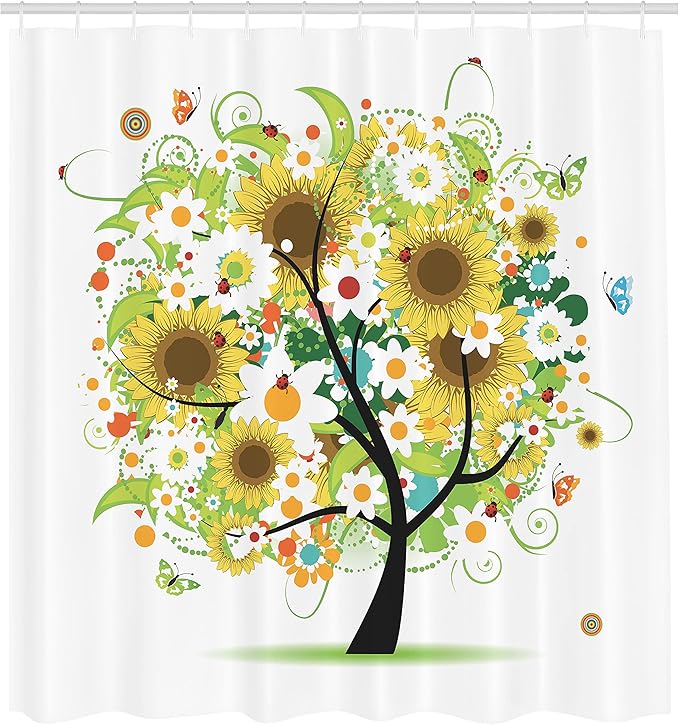 Ambesonne Sunflower Shower Curtain, Floral Tree with Daisies Sunflowers Butterflies Ladybugs Spring Fantasy Joyful, Cloth Fabric Bathroom Decor Set with Hooks, 69" W x 70" L, Green Black