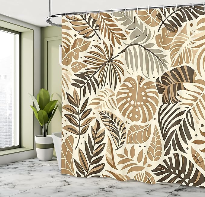 Ambesonne Tan Shower Curtain, Mid Century Feel Exotic Monstera Leaves with Bohemian Earthy Colors Urban Jungle, Cloth Fabric Bathroom Decor Set with Hooks, 69" W x 84" L, Dark Khaki Beige