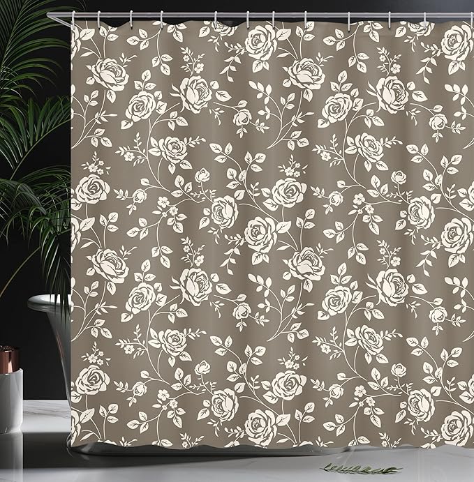 Ambesonne Rose Shower Curtain, Silhouette Pattern of Rose Branches Twig Ornamental Old Fashioned Antique Design, Cloth Fabric Bathroom Decor Set with Hooks, 69" W x 70" L, Dark Taupe White