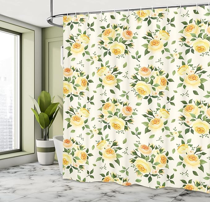 Ambesonne Rose Shower Curtain, Roses Hybrid Flora Park Summer European Old Fashioned Antique Design Pattern, Cloth Fabric Bathroom Decor Set with Hooks, 69" W x 70" L, Yellow Green Beige