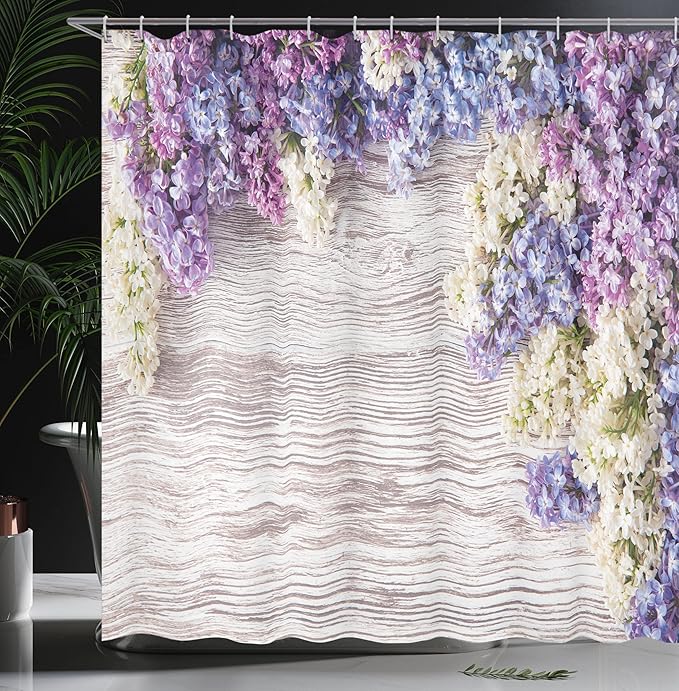 Ambesonne Rustic Shower Curtain, Lilac Flowers Bouquet on Wood Table Spring Nature Romance Love Theme, Cloth Fabric Bathroom Decor Set with Hooks, 69" W x 75" L, Lilac Violet Dark Taupe