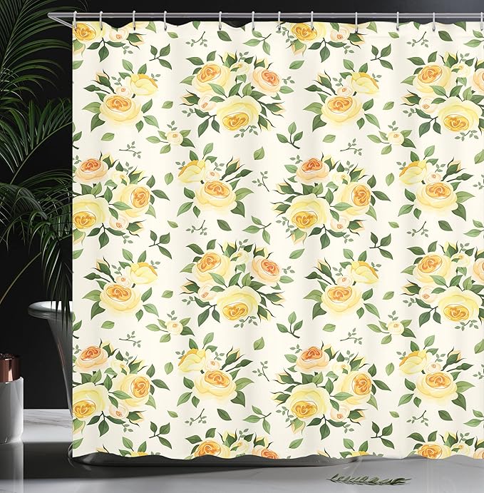 Ambesonne Rose Shower Curtain, Roses Hybrid Flora Park Summer European Old Fashioned Antique Design Pattern, Cloth Fabric Bathroom Decor Set with Hooks, 69" W x 70" L, Yellow Green Beige