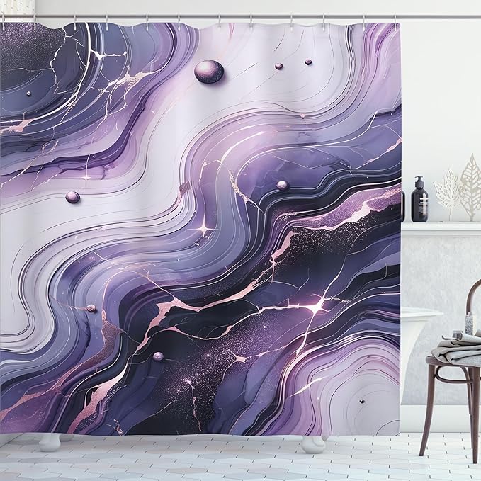 Ambesonne Purple Shower Curtain, Modern Universe Feels Curvy Marble Print Monochromatic Pastel Tones, Cloth Fabric Bathroom Decor Set with Hooks, 69" W x 84" L, Pale Grey Quartz and Lilac