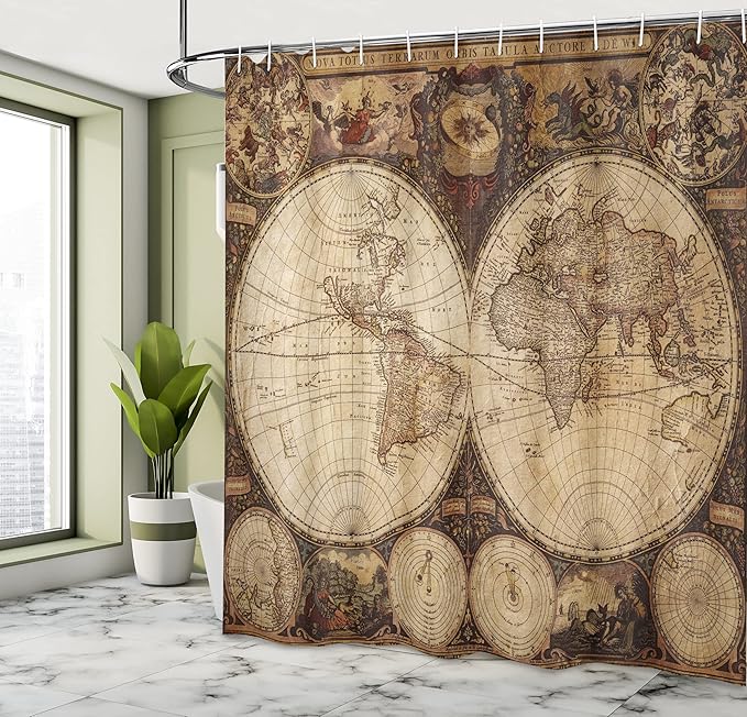 Ambesonne World Map Shower Curtain, Old World Map Drawn in 1720s Nostalgic Style Art Historical Atlas Vintage Design, Cloth Fabric Bathroom Decor Set with Hooks, 69" W x 70" L, Multicolor