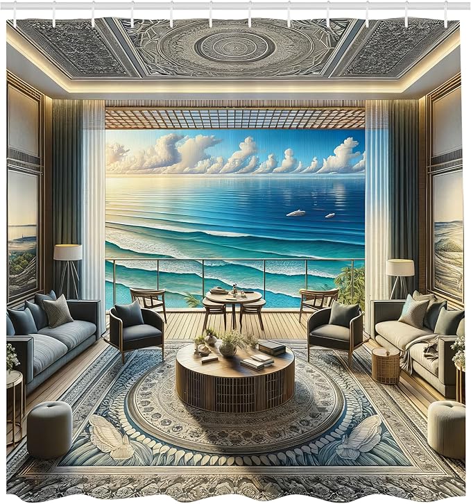 Ambesonne Fantasy Scenery Shower Curtain, Abstract Seascape Ocean Horizon with Oriental Detailed Room, Cloth Fabric Bathroom Decor Set with Hooks, 69" W x 75" L, Coconut Blue and Turquoise