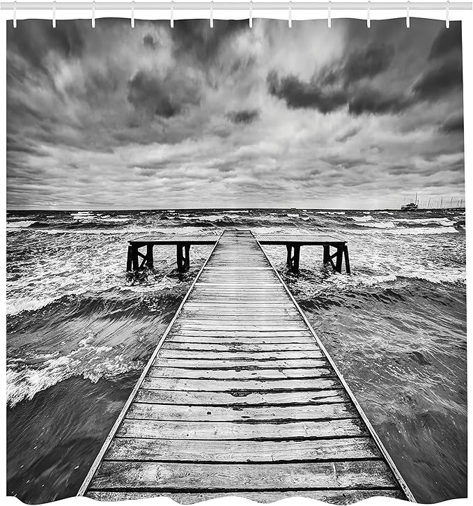 Ambesonne Landscape Shower Curtain, Old Wooden Deck in Storm Waves Sea Dramatic Sky Dark Heavy Clouds Print, Cloth Fabric Bathroom Decor Set with Hooks, 69" W x 70" L, Charcoal White