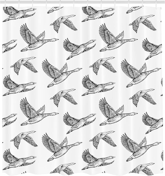 Ambesonne Geese Shower Curtain, Flying Geese Wings with Drawing Effect Wildlife Illustration Vintage Pattern Print, Cloth Fabric Bathroom Decor Set with Hooks, 69" W x 70" L, Charcoal White