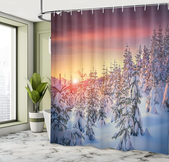 Ambesonne Winter Shower Curtain, Snowy Landscape at Gloomy Sunrise Scenery in Mountain Forest Serene Nature Photo, Cloth Fabric Bathroom Decor Set with Hooks, 69" W x 84" L, White Red