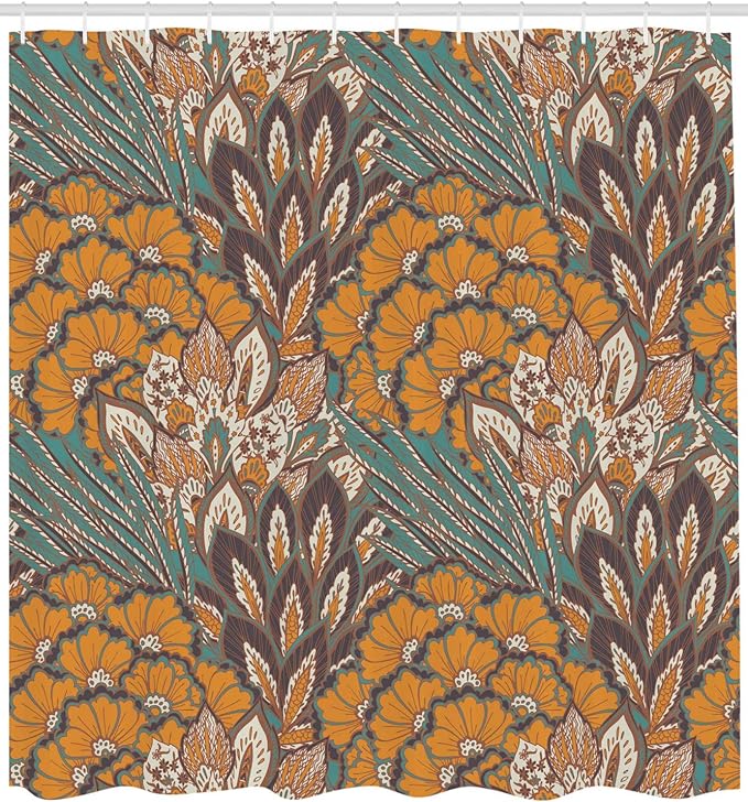 Ambesonne Floral Shower Curtain, Pattern of Flowers and Peacock Feathers Floral Arrangement Art, Cloth Fabric Bathroom Decor Set with Hooks, 69" W x 84" L, Petrol Blue Pale Coffee