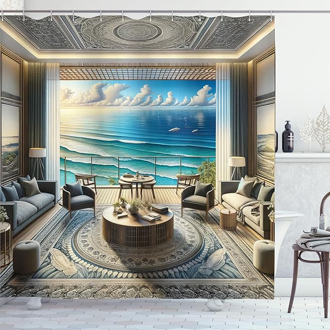 Ambesonne Fantasy Scenery Shower Curtain, Abstract Seascape Ocean Horizon with Oriental Detailed Room, Cloth Fabric Bathroom Decor Set with Hooks, 69" W x 75" L, Coconut Blue and Turquoise